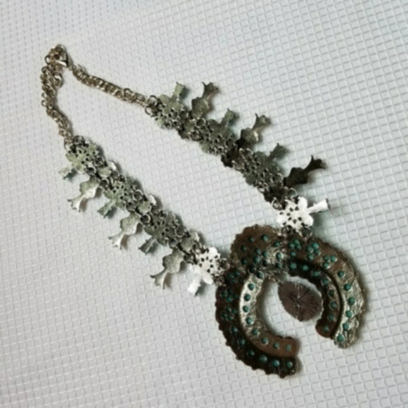 Squash Blossom SILVER Tone TURQUOISE Necklace - Picture 4 of 7